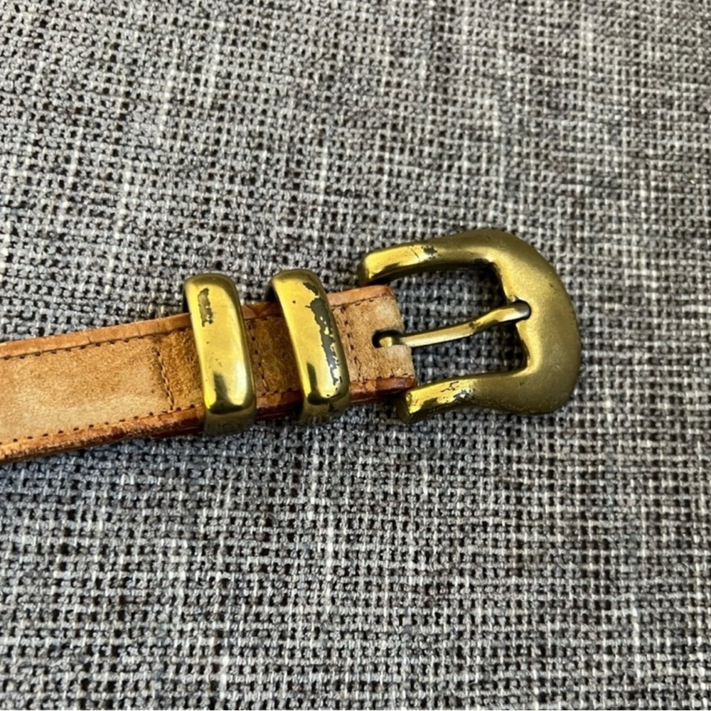 Vintage 90s Jenny & The Boys Tan Genuine Leather Brass Buckle Belt Small - Picture 4 of 6